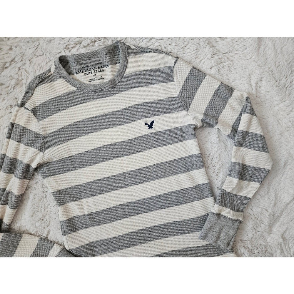 American Eagle Y2K Striped Thermal Long Sleeve Shirt Size Small Gray White